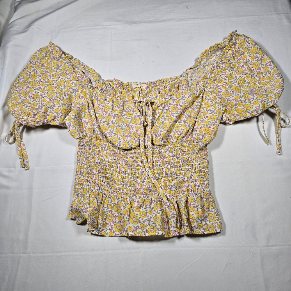 Suite 2939 Womens Medium Yellow Floral Smocked‎ Puff Sleeve Peplum Top